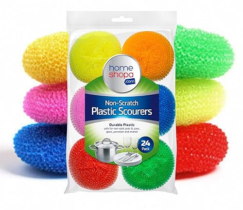 HOMESHOPA Non Scratch Plastic Mesh Scourers, 24 Pack Round Dish Pot Scrubber, Washing Up Reusable Sponge Scrub, Non Stick Scouring Ball Long Lasting Kitchen Dish Pads Stain Removing Cleaning Scrubber