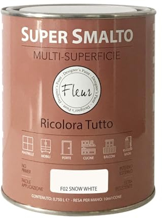 FLEUR DESIGNER'S PAINT | SUPER SMALTO Lavabile e ad Altissima Resistenza, Satinato, 750 ml F02 Snow White, Pronto all'Uso, a Base Acqua, per Interno - Esterno, Made in Italy