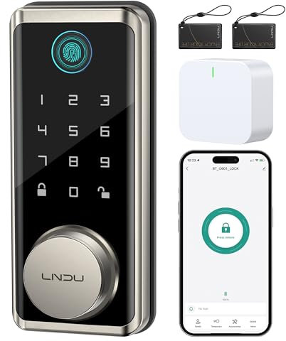 LNDU WiFi Keypad Door Lock with Handle: Fingerprint Front Door Lock Set, Smart Deadbolt Locks for Front Door with App Remote Control, Fob Unlock, Auto Lock, Easy to Install