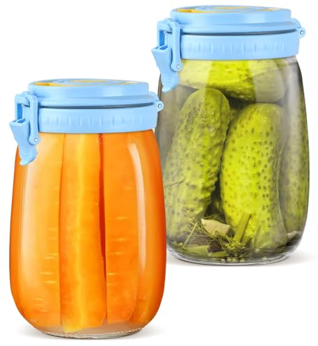 2 Pack Fermenting Jar with Date Marked,Sourdough Starter Jar,Clear Glass Storage Jars-1Litre Fermentation Jars with Air Release Vent,Used to Make Kephir, Preserves, Kimchi, Sauerkraut, Kombucha