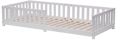 ecoMI Children's Bed with Fall Protection Including Slatted Frame, 90 x 200 cm, White, Solid Pine Wood (White, 90 x 200 cm), Kindebett 80x160 90x200 Weiß Natur