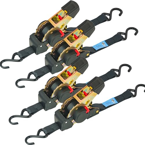 4 Pack Auto Retractable Ratchet Straps Each 25MM X 1.8METRE Strap Boasts A 1600lbs Break Strength. Featuring Weather-Resistant Safety S-Hooks, Heavy Duty Tie Down Perfect for Any Hauling Job