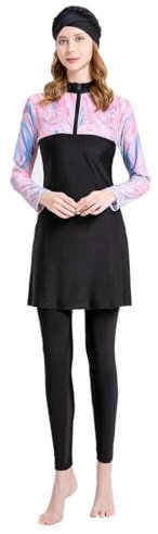 Muslimische Damen-Bademode, langärmelig, Burkini, volle Abdeckung, Badeanzug, Hijab, Rashguard, 3-teiliges Set, schwarz/pink, Medium