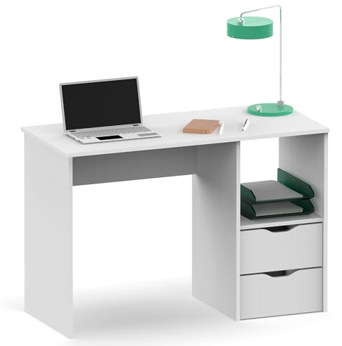 briebe Escritorio con Cajones, Mesa de Ordenador 76x115x50cm (Alto x Ancho x Profundo) 2 Cajones + Estantería, Oficina, Habitación Juvenil, Desk, Tocador Prakt Blanco