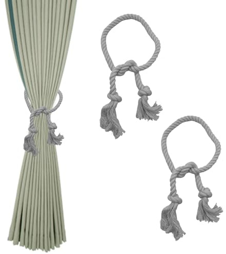 XQMMGO 2 Stück Vorhang Raffhalter, Raffhalter Für Gardinen, Boho Vorhang Clips Baumwolle Seil, Handgemachte Vorhang Raffhalter, für Office Haus Vorhang Dekoration (Grau)