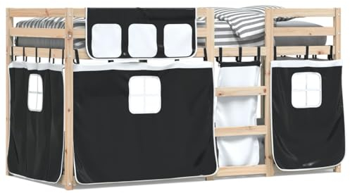 Juroupi Etagenbett mit Vorhängen Weiß & Schwarz 80x200 cm Kinder Etagenbett Kinderbett Doppelbett Kinderhochbetten Bett Kiefernholz - 3283898