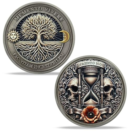 Memento Mori Coins Memento Vivere Stoic Coin Skull Hourglass Tree of Life, Carpe Diem Amor Fati Philosophical Collectible Stoic Medallion Gifts for Family Friends