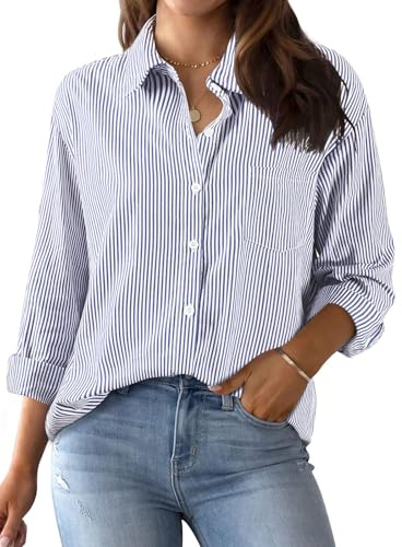 Xnova Bluse Damen Langarm Gestreifte, V Ausschnitt Button Down Hemd Oberteile Tops Baumwolle Streifenbluse, Elegante Hemdbluse Blusenshirt Casual Büro Basic Shirt Business Outfit (Blau, XL)