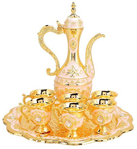 Teekanne Set, Türkische Tee Tassen Kaffeetasse 6 Metall Weintrinkbecher Hüftflächen -Set Russischer Stil Kunsthandwerk Hochzeit Hochzeit (Weiß Rosa)