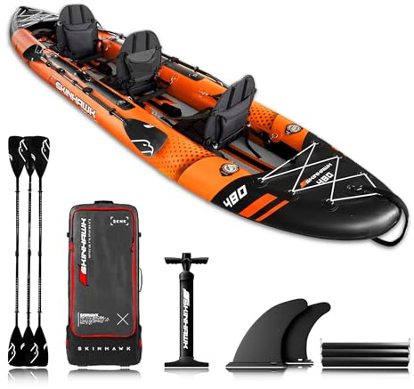 SKINHAWK Exclusiv Orange Kajak Set 480 – Schlauchboot – Kanu - 480 x 96 cm - 3 Personen Kajak