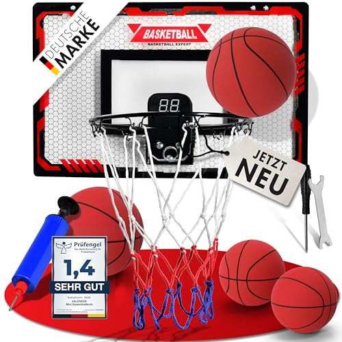 VALENESS® Mini Basketballkorb für Tür und Wand mit Dunk-Funktion | Für Tür- und Wandmontage, mit Dunk-Funktion, vier Bällen, Pumpe und Befestigungszubehör – geeignet für Kinder und Erwachsene.
