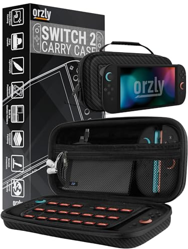 Orzly Case Compatible with Nintendo Switch 2 – Protective Travel Carry Case with Screen Padding, Game Card & microSD Slots, Zipped & Open Pockets for Accessories – 7.9 Gift Boxed