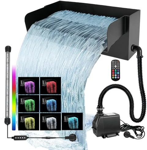 Kit de filtre cascade de bassin avec pompe de 45 W 3000 l/h, cascade de jardin en acier inoxydable de 30 cm avec lumière LED colorée, idéal pour piscine, terrasse, ruisseau et décoration de jardin