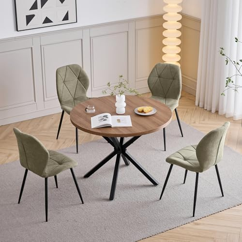 GrandCA HOME Esstisch und Stuhlset, 100 cm Runder Esstisch und 4 Moderne Leinenstühle, für Esszimmer, Küche, Wohnzimmer (Dunkel+ Grün)