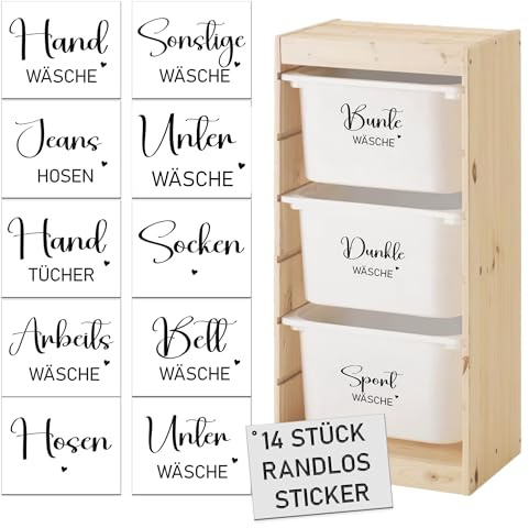 XXL Große Rub-On Aufkleber für Wäsche-Organisation – 14 Stück, selbstklebend, vorgeschnitten, schwarz, randlos, wasserfest & glänzend – Haushaltsetiketten für Kleidung, Waschküche