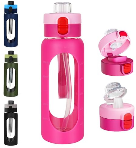 ANOTION Borraccia in vetro da 680,4 g, grande borraccia sportiva con coperchio a doppia bevanda, bottiglie in vetro trasparente a tenuta stagna con cannuccia, caraffa motivazionale con custodia in