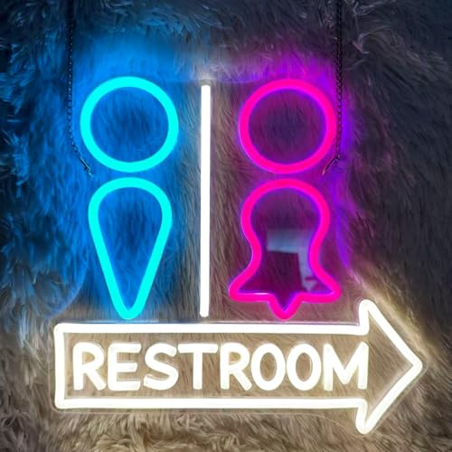 Restroom Neon Sign for Wall Decor Toilet Arrow Led Neon Lights Blue Pink 13.2''x12.6'' for Bar Cafe Restaurant Hospital Mall Store bathroom Decoration USB Powered Ultra Bright Dimmable