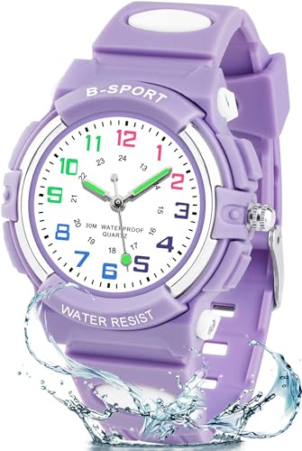 Edillas Montre Enfant Analogique Sport,Montre Étanche 30M avec Cadran Lumineux,Bracelet Souple,Idée Cadeau École,Anniversaire pour Garçons Filles 5-16 Ans (Violet)