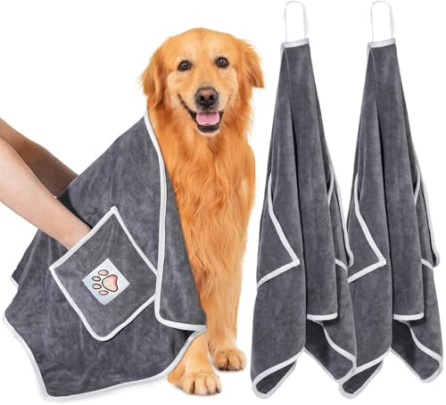 Laamsamling 120x70cm Hundehandtuch, 2 Stück Hundehandtuch Extra Saugfähig mit Griffaschen, Mikrofaser-Handtücher für Hunde und Katzen – ideal für Kleine, Mittelgroße und Große Hunde