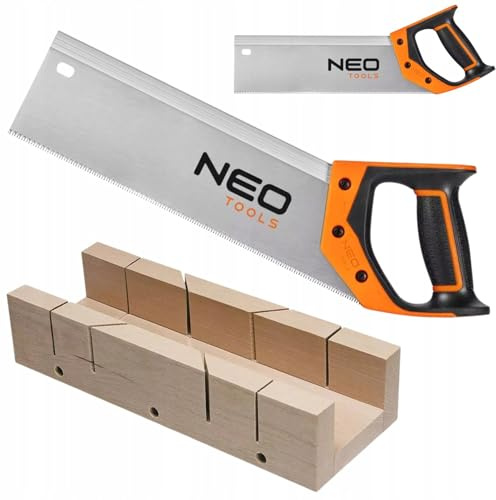 NEO TOOLS Gehrungssäge Set, Präzise Rückensäge 350 mm 13 TPI Handsäg | Aus Gehärtetem Stahl, Schneidlade 300 mm, Für saubere 90°/45° Schnitte an Holz und Leisten