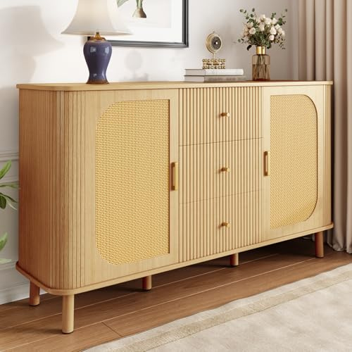 OLIVIBED Rattan Sideboard, Kommode mit 3 Schubladen und 2 Türen, Komodenschrank mit Griffe und Beine, Highboard mit Stauraum, für Flur, Schlafzimmer und Wohnzimmer, Holzfarbe, 140x40x80cm