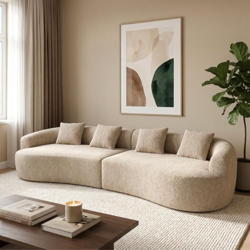 skølm Loki Cloud Couch Teddy-Bouclé, 4-Sitzer, Beige, 4 Kissen, 330 cm | Sofagarnitur, Vollschaumcouch mit Federkern & Vakuum-Kompression, kein Aufbau erforderlich, Sofa für Wohnzimmer, Polstersofa