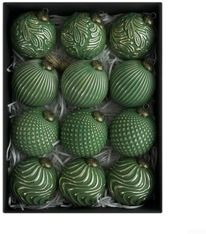 Feeshoppher Weihnachtskugeln, rustikal, Vintage, 8 cm, Bauernhaus-Christbaumkugel, bruchsicher, antike, traditionelle Weihnachtskugeln, zum Aufhängen, 12 Stück (grün)