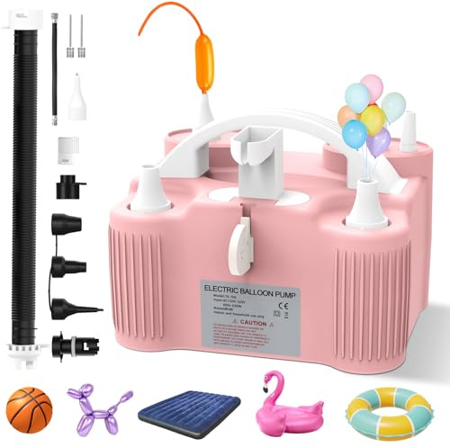 PlusFive 4-in-1 Pompa Aria Elettrica, Pompa per Palloncini Elettrica Multifunzione con Doppio Motore 11 Ugelli per Gonfiaggio/Deflusso di Palloncini Modellanti,Palloni Sportivi,Materassi Gonfiabili