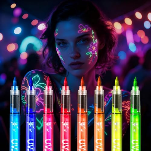 8 svarta ljus färgpennor, neon smink UV penna glöd in the dark face & body paint,kroppsmålning färger set, tatuering pennor för halloween festival neon party dekoration tillbehör adventskalender