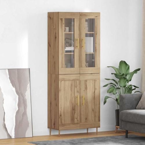 QJBSAVVA Highboard Set Artisan-Eiche 69,5 x 34 x 180 cm Glasvitrine mit goldenen Griffen, modernes Sideboard für Wohnzimmer, platzsparende Küchenschrank-Lösung im Landhausstil