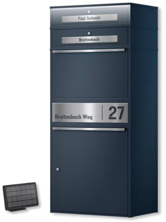 Metzler Paketbox mit 2 Briefkästen & LED Beleuchtung draußen groß, Briefkasten 2 Parteien mit Paketfach in Anthrazit RAL7016, 2er Paketbriefkasten, Personalisiert Edelstahl Namensschild - Bispo Max 2