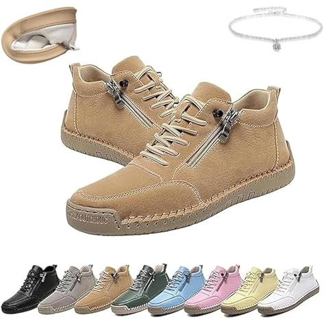 Baskets en cuir pour femme avec fermeture éclair latérale plates, décontractées, respirantes, cousues à la main, semelle souple à enfiler, chaussures de sport rembourrées
