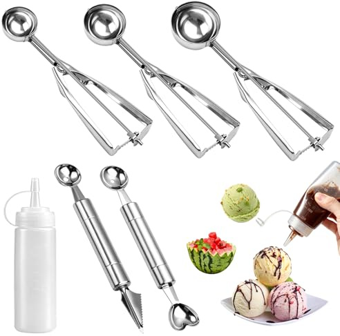 6 Stück Eisportionierer Edelstahl Set 3 Eiskugelportionierer 4/5/6 cm | Eiskugelformer Keksportionierer Herzform Melonenausstecher Kugeln Marmeladenglas für Garnierwerkzeug Eiscreme Plätzchen