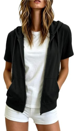 KODMNSW Sweatjacke Damen Sommer Kurzarm Zipper Hoodie Leichte Sommerjacke 2026 Kapuzenjacke Kapuzenpullover Sommershirt Sportjacke Tshirt Joggingjacke Einfarbige Damenjacken