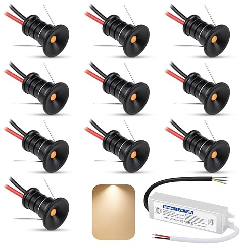 10er Set mini led Spot 12V 0.5W,Mini LED Einbaustrahler Ultra Klein EinbauØ 10mm,Warmweiß 3000K Deckenspots IP65 Led spots Einbauspots für Küche Decke Treppen,mit 230v Trafo (Schwarz Warmweiß)