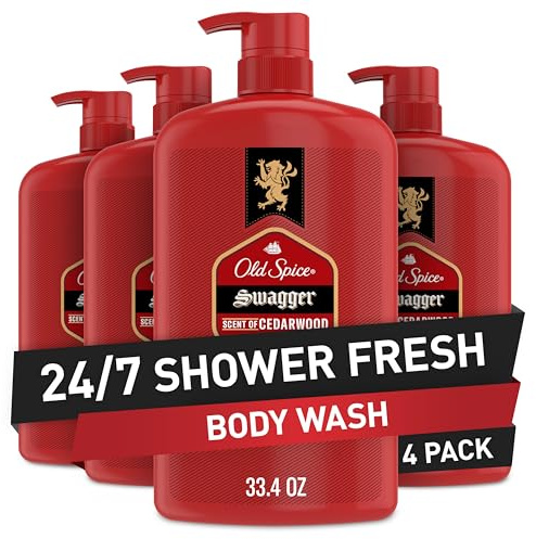 Old Spice Body Wash for Men, Refreshing 3X Defense, 24/7 Shower Fresh with Long Lasting Scent, Red Collection, Swagger with Cedarwood Scent, 33.4 oz (Pack of 4)