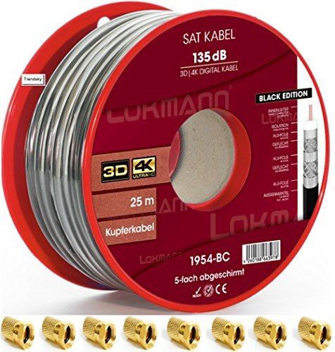 LOKMANN Schwarz 25m Reines-Kupfer KU 135dB 5-Fach geschirmt Koaxialkabel Koax Sat Kabel Antennenkabel TV Satellitenkabel FULL HD, UHD, 4K, 8K + AUFWÄRTS, + 10x F-Stecker