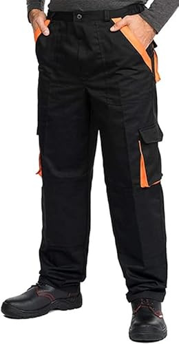 MAZALAT work wear Pantaloni da Lavoro Uomo Multitasche, Taglie Grandi S-3XL, Salopette da Lavoro, Tuta da Lavoro Uomo, Blu, Nero, Bianco, Riflettenti, Nero/Arancia, 48