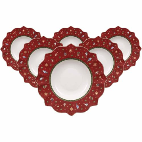 Villeroy & Boch Toy's Delight Suppenteller 6er Set, 26 cm, Tiefer Teller mit Weihnachtsdekor, Premium Porzellan, Rot