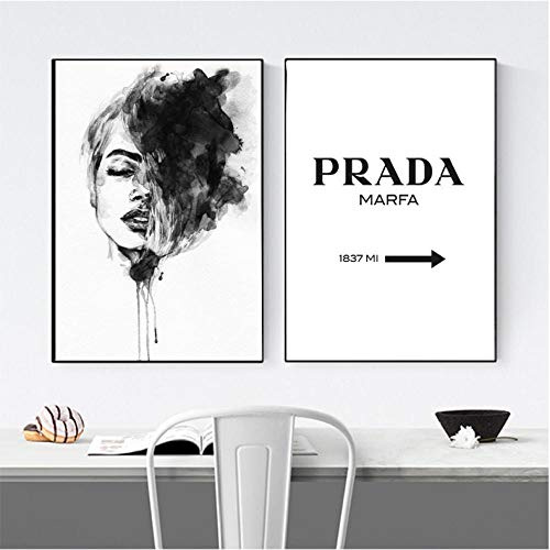 agwKE2 Niña Acuarela Prada Arte de la Pared Pintura de la Lona Carteles e Impresiones nórdicos en Blanco y Negro Cuadro de la Pared para la decoración de la Sala de Estar 50x70cmx2 Sin Marco