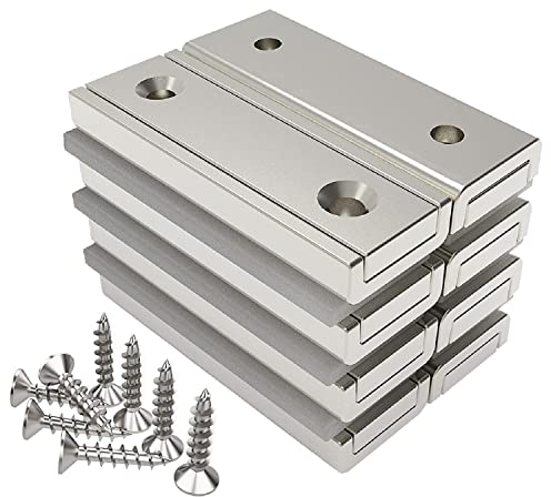 Magnetpro 8 Pieces Rectangular Magnets 20 KG Force 40 x 13.5 x 5 mm with Countersunk Hole and Capsule, Household and Industrial Magnet with Mounting Screws