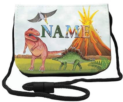 Kinder Brustbeutel mit Name, Dino | Schriftartwahl, Klettverschluss, Schnur zum Umhängen, Klarsichtfach, Personalisiert