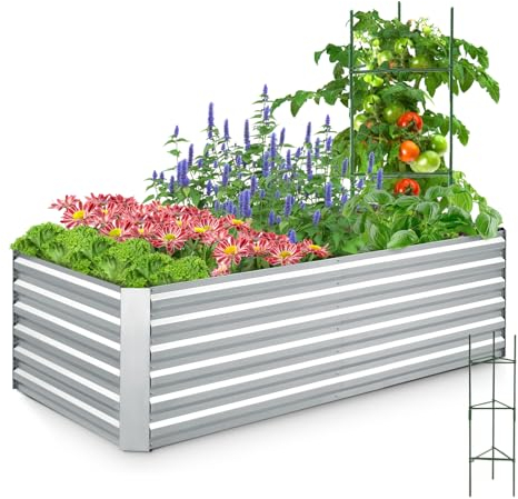 Quictent Hochbeet Pflanzkasten aus Metall, 180 x 90 x 60cm Kräuterbeet ohne Boden für Garten, Freistehendes Gemüsebeet mit 3 Tomatenkäfigen & 1 Unkrautbarriere, Silber