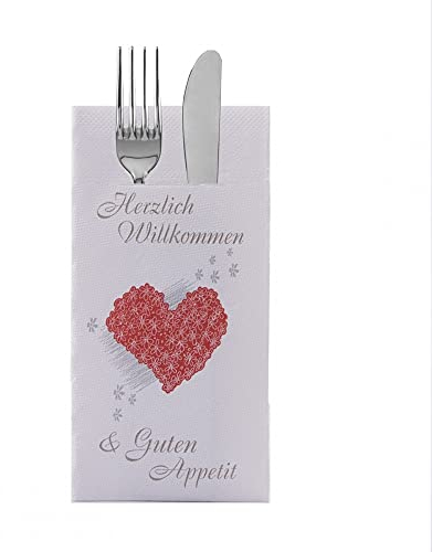 Sovie HORECA Besteckserviette „Herzlich Willkommen & Guten Appetit“ 4-lagig Tissue Deluxe, 40 x 40 cm, 1/8 Falz, 75 Stück, bordeauxfarbenes Herz mit Blümchen, ideale Serviette für Gastronomie & Events