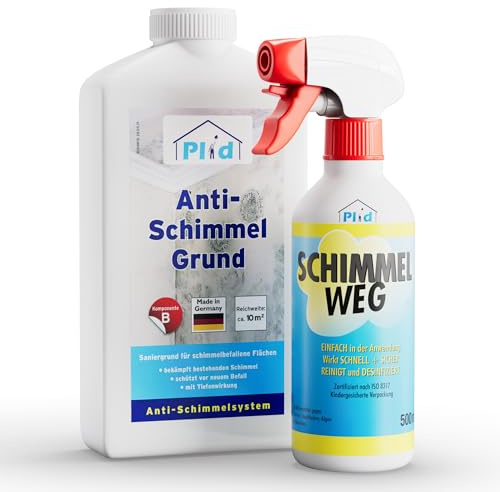 Plid Schimmelentferner chlorhaltig 1,5 L inkl. Antischimmelgrund | Mit Aktiv-Chlor | Entfernt Schimmel & Stockflecken | Innen & Außen | Fliesen, Fugen & Tapeten, Putz