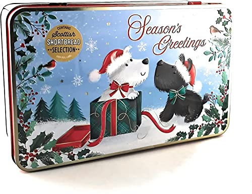 Hezvic Christmas Tin Biscuits Gift Set - Season Greetings Assorted Scottish Shortbread Selection - Scottie Dog Shortbread Biscuit Tin 150g with a Free Christmas Card