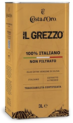 Costa d'Oro – Il Grezzo, Olio extravergine di oliva non filtrato 100% italiano. Estratto a freddo subito dopo il raccolto, ricco di vitamine e antiossidanti naturali. Latta Da 3 litri.