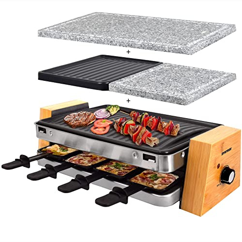 Syntrox RAC-1500W-Lugano Raclette mit 4 Platten mit antihaftbeschichteter Grillplatte und Natursteinplatte (Heißer Stein) für 8 Personen, Holz Design