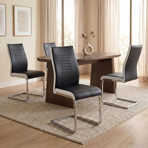 CARO-Möbel 4er Set Esszimmerstuhl Küchenstuhl Schwingstuhl Loano, Gestell in Chrom, Bezug aus Lederimitat in schwarz/weiß