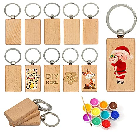 Tiamu 60Pcs DIY Personalisierter Unfertige Schlüsselanhänger zum Basteln, Schlüsselanhänger, Schlüsselbund Rohling für Lasergravur Malerei Basteln, Wooden Keychain Schlüsselring Souvenir